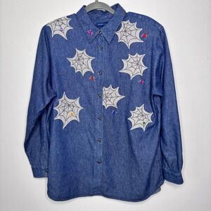 Vintage Spider Web Denim Shirt Womens Size‎ L Halloween Jewel Embellished Spooky